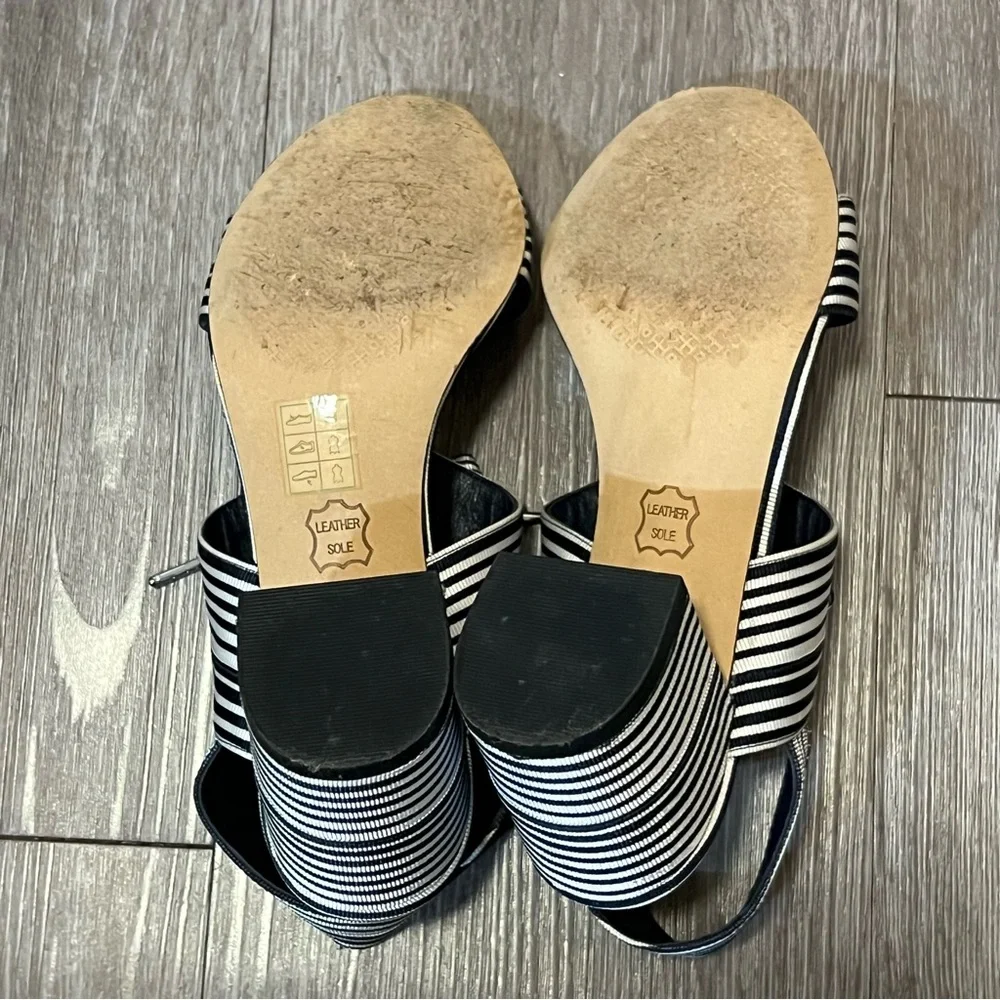 Tory Burch Black (Navy Blue) and White Striped Slingback Sandals with Tie Detail